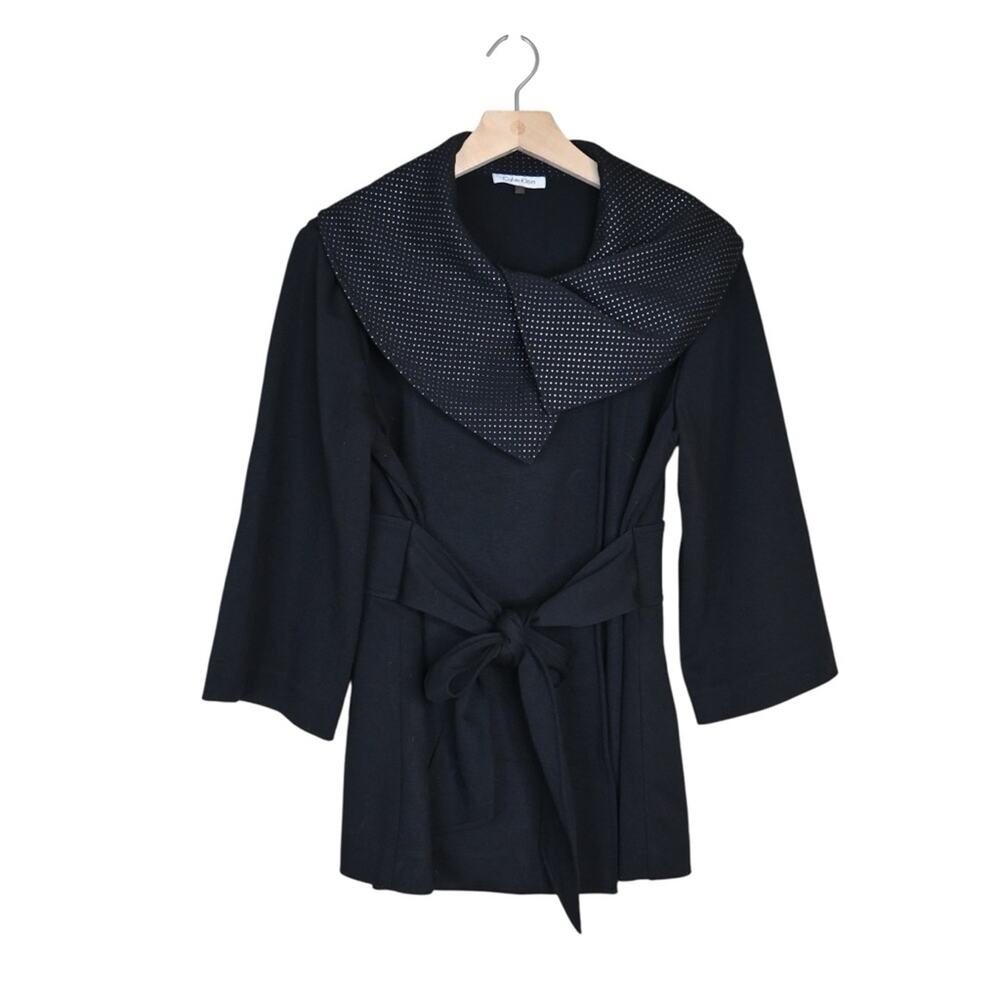 Calvin Klein Women's M Tie Front Pin Dot Collar Jacket in Black